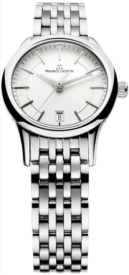 MAURICE LACROIX LES CLASSIQUES. De horloges uit de Les Classiques collectie spreken tot onze verbeelding door hun zorgvuldige, tijdloos design. Het zijn de beproefde, elegante klassiekers voor de liefhebber van een strak klassiek horloge. Kastdiameter 28 mm. Roestvrij staal. Saffier glas. Quartz uurwerk Datumaanduiding. Witte index wijzerplaat. 3 ATM waterbestendig. Roestvrij stalen band.